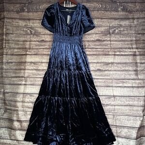 Anthropologie Somerset Maxi Dress Velvet Edition Navy Blue Pockets XS NWT